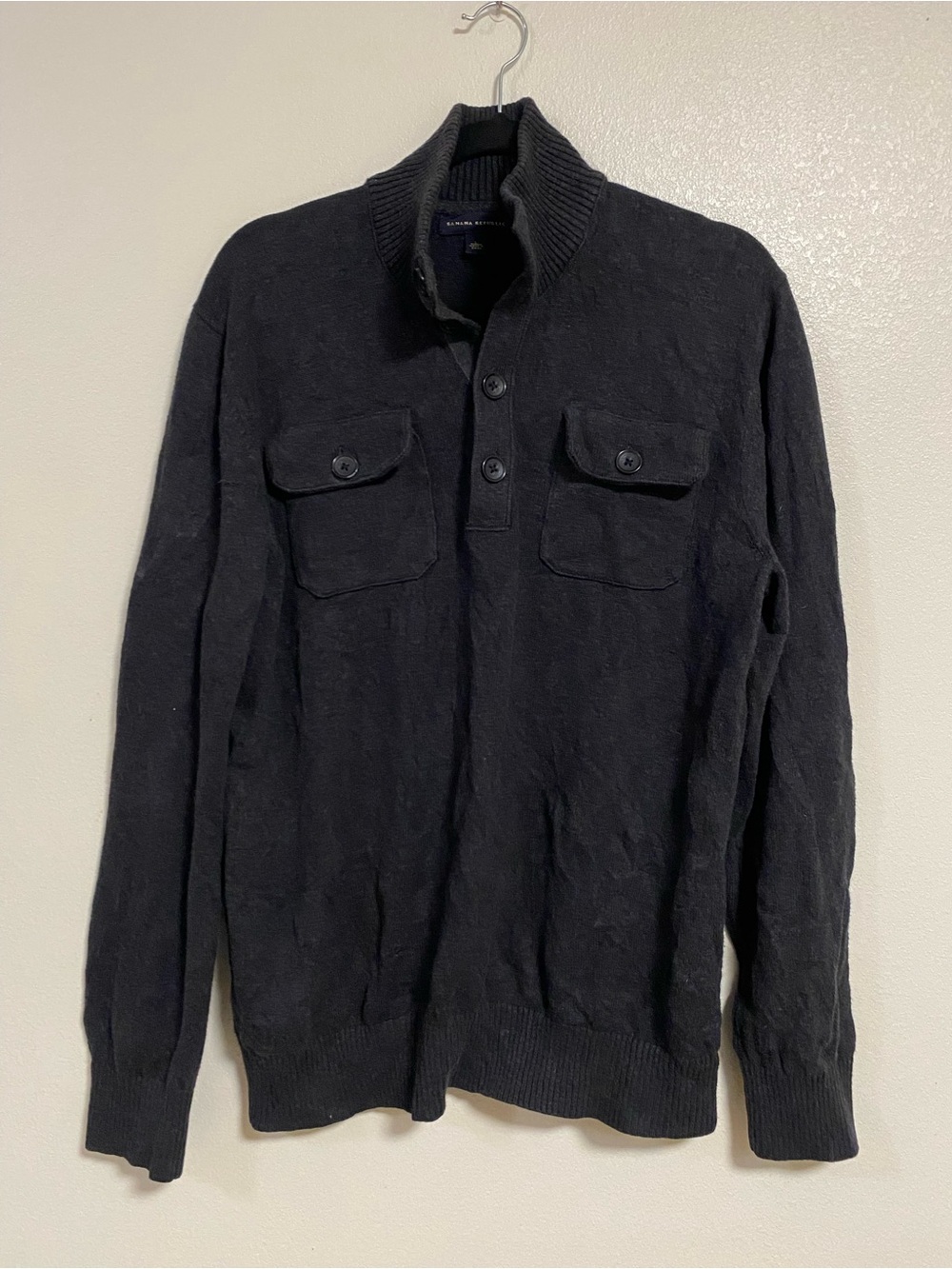 Banana Republic Sweater Men Size Large Charcoal Quarter Button Mock Neck Sweater